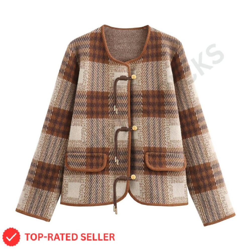 Vintage Plaid Knit Cardigan Blazer Jacket Button Down With Pockets